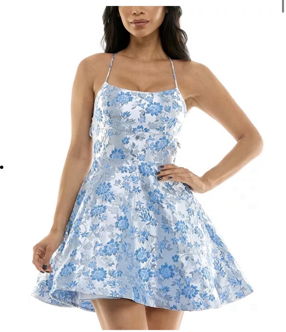 B Darlin Juniors' Lace-Up Floral Embroidered Jacquard A-Line Dress Sz 3/4 NEW